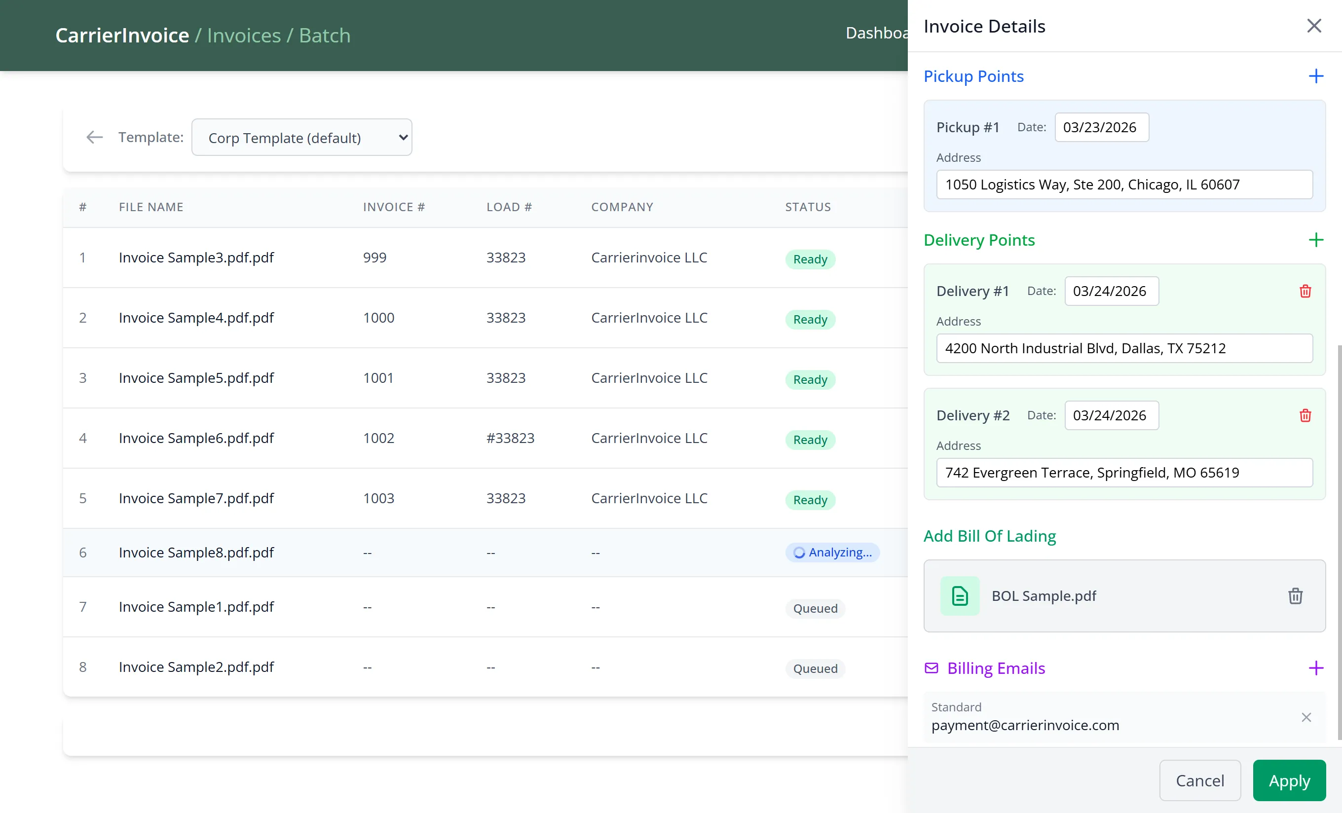Batch processing — upload multiple rate confirmations at once