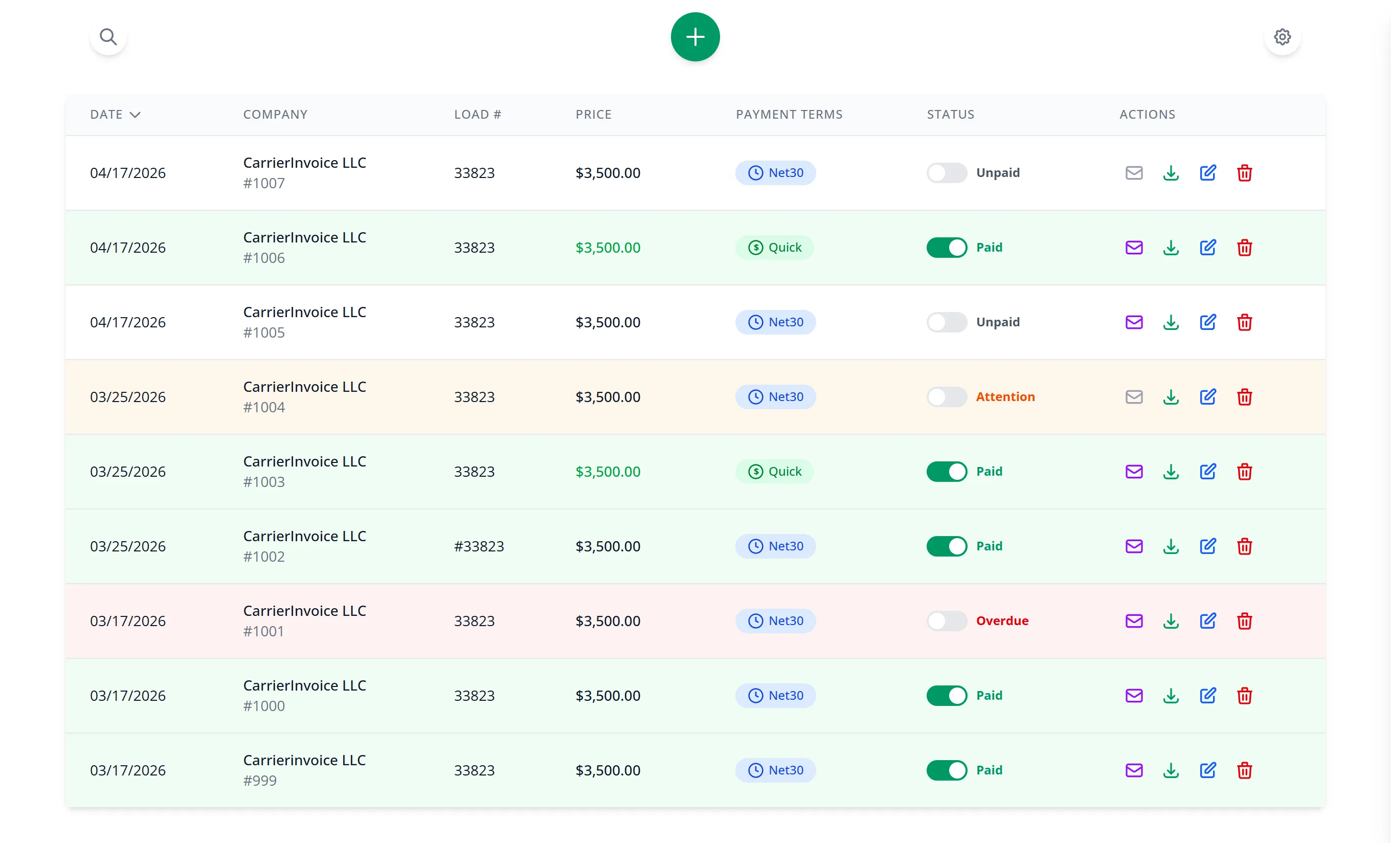 Invoice table — track payment status, filter, and manage all invoices