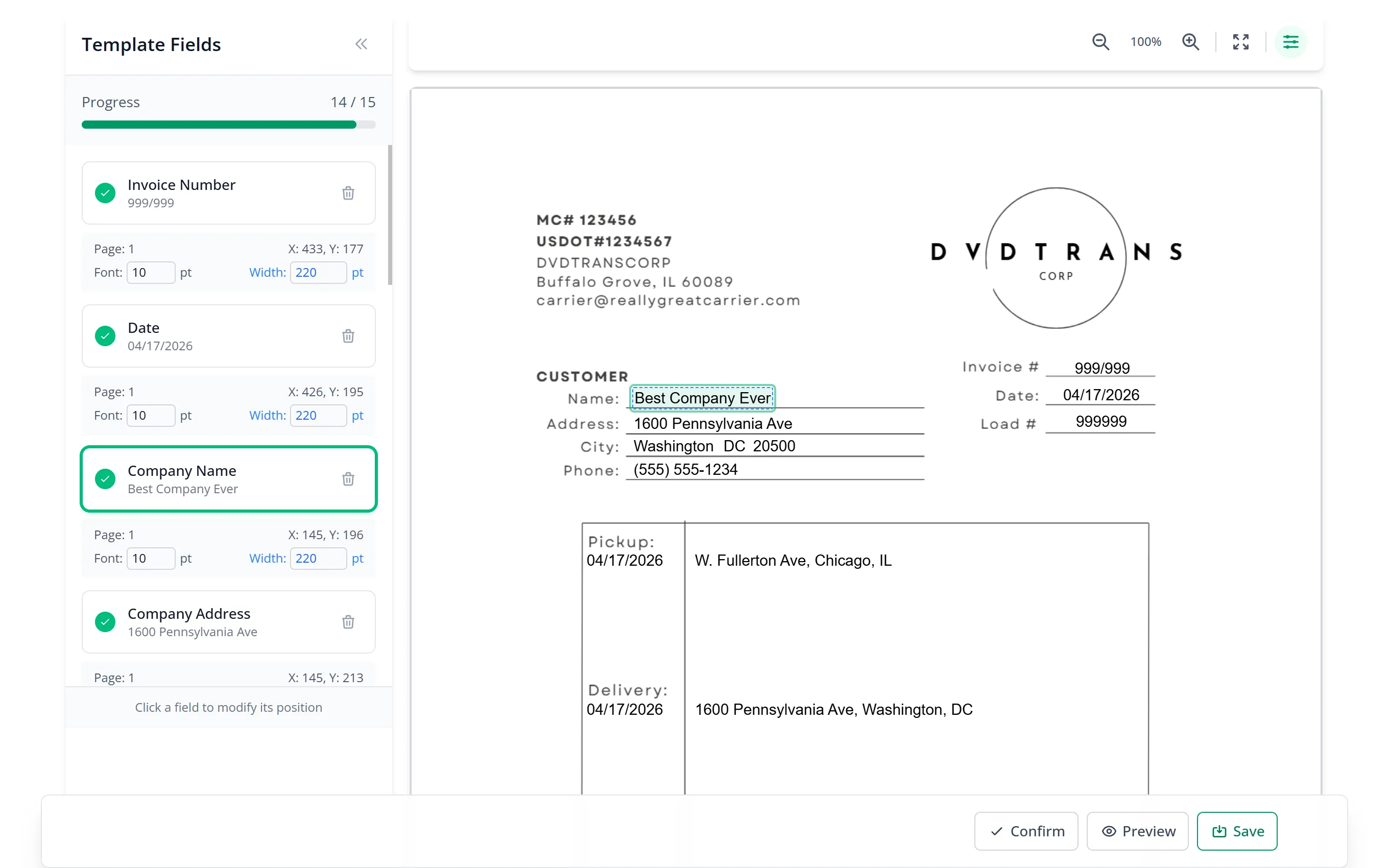 Template editor — map fields to your invoice layout