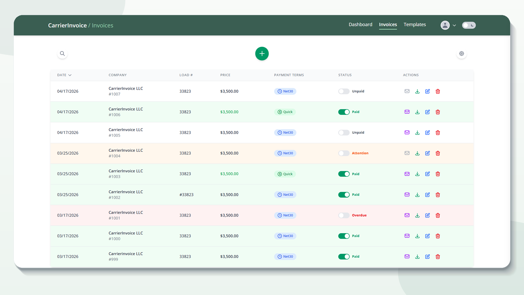 Freight billing software workflow showing rate confirmation upload, data extraction, invoice creation, and PDF package output.