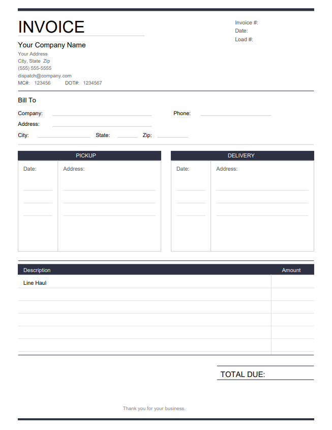 Freight invoice sample with rate details and multiple stop support
